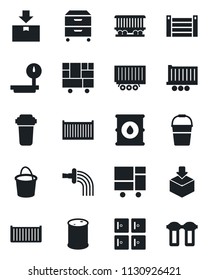 Set of vector isolated black icon - checkroom vector, bucket, watering, railroad, truck trailer, cargo container, consolidated, package, oil barrel, heavy scales, archive box, water filter