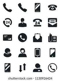 Set of vector isolated black icon - phone vector, mobile, 24 hours, support, cell, radio, mail, call, data exchange