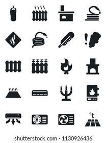 Set of vector isolated black icon - fire vector, hose, fireplace, thermometer, heater, air conditioner, candle, water, smoke detector, radiator, warm floor