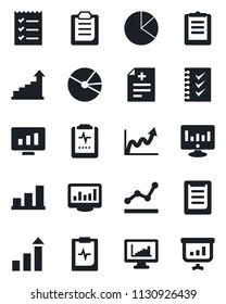 Set of vector isolated black icon - growth statistic vector, monitor, diagnosis, pulse clipboard, statistics, bar graph, pie, checklist, point, presentation
