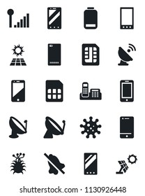 Set of vector isolated black icon - satellite antenna vector, mobile phone, virus, cell, low battery, back, sim, mute, cellular signal, office, sun panel