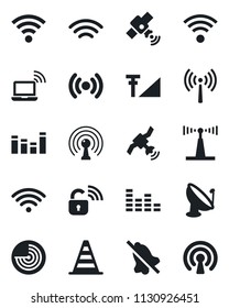 Set of vector isolated black icon - antenna vector, wireless notebook, border cone, radar, satellite, equalizer, mute, cellular signal, lock