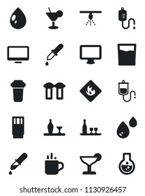 Set of vector isolated black icon - hot cup vector, water drop, dropper, flammable, monitor, alcohol, drink, cocktail, filter, sprinkler, flask