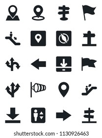 Set of vector isolated black icon - elevator vector, escalator, right arrow, left, wind, route, signpost, pin, download, place tag, compass, flag, guidepost
