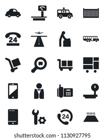 Set of vector isolated black icon - runway vector, airport bus, baby room, ambulance car, office phone, 24 hours, cargo container, delivery, consolidated, heavy scales, search, cell, root setup