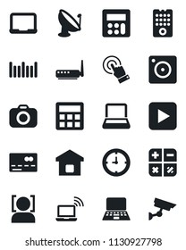 Set of vector isolated black icon - credit card vector, wireless notebook, calculator, pc, clock, barcode, satellite antenna, camera, touch screen, play button, mobile, face id, smart home, router