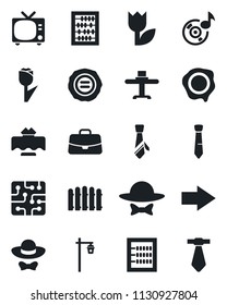 Set of vector isolated black icon - tv vector, right arrow, case, abacus, stamp, fence, garden light, tulip, music, tie, restaurant table, dress code, chip
