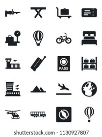 Set of vector isolated black icon - suitcase vector, arrival, baggage trolley, airport bus, ticket, passport, boarding, helicopter, luggage storage, scales, building, picnic table, bike, compass