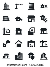 Set of vector isolated black icon - barrier vector, house, warehouse storage, office building, with garage, tree, estate document, sweet home, city, crane, insurance, cafe, message, storefront