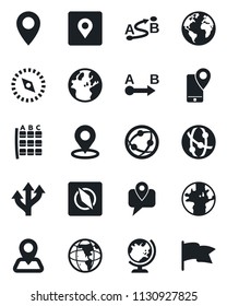 Set of vector isolated black icon - globe vector, seat map, route, navigation, earth, pin, mobile tracking, network, place tag, compass, flag