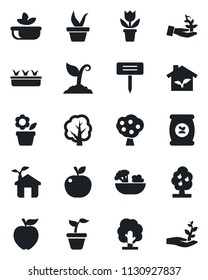 Set of vector isolated black icon - flower in pot vector, seedling, tree, sproute, plant label, fertilizer, fruit, salad, apple, eco house, palm