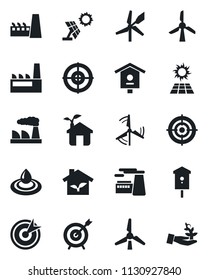 Set of vector isolated black icon - factory vector, bird house, target, windmill, eco, water, sun panel, palm sproute