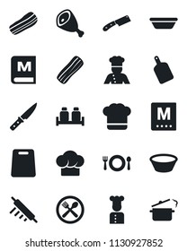 Set of vector isolated black icon - cook vector, cafe, hat, menu, bacon, salt and pepper, ham, bowl, rolling pin, cutting board, knife, steaming pan