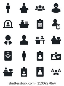 Set of vector isolated black icon - reception vector, manager, identity card, place, patient, user, desk, estate agent, pass, group
