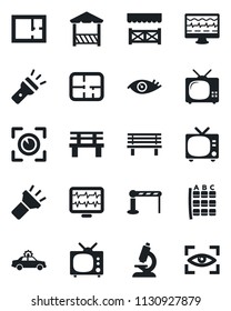 Set of vector isolated black icon - barrier vector, tv, alarm car, seat map, bench, monitor pulse, microscope, eye, torch, plan, alcove, scan