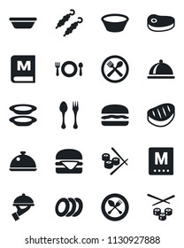 Set of vector isolated black icon - spoon and fork vector, dish, cafe, menu, plates, waiter, steak, kebab, hamburger, bowl, sushi
