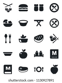 Set of vector isolated black icon - spoon and fork vector, picnic table, cafe, menu, salad, salt pepper, steak, hamburger, bowl, sushi, apple fruit