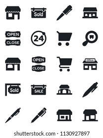 Set of vector isolated black icon - 24 around vector, shop, pen, store, search cargo, sale, sold signboard, cafe building, open close, cart, storefront