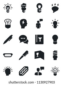 Set of vector isolated black icon - speaking man vector, pen, brainstorm, bulb, dialog, wine card, hot dog, energy saving, shining head, idea