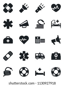 Set of vector isolated black icon - hose vector, heart pulse, doctor case, patch, ambulance star, car, hospital bed, loudspeaker, torch, crisis management