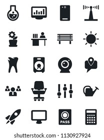 Set of vector isolated black icon - passport vector, team, watering can, sun, bench, caries, mobile tracking, antenna, settings, monitor, speaker, phone back, statistics, manager desk, flower in pot