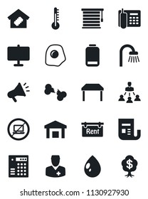 Set of vector isolated black icon - no laptop vector, water drop, broken bone, doctor, warehouse, news, low battery, presentation board, office phone, hierarchy, rent, table, bathroom, smart home