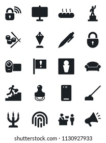 Set of vector isolated black icon - passport control vector, male, waiting area, lock, pedestal, pennant, pen, hoe, important flag, video camera, phone back, fingerprint id, presentation board