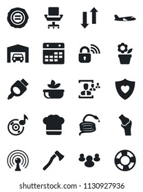 Set of vector isolated black icon - plane vector, stamp, flower in pot, hose, axe, heart shield, joint, antenna, group, hdmi, calendar, data exchange, music, hr, office chair, garage, cook hat