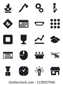 Set of vector isolated black icon - clouds vector, helicopter, mouse, fire, axe, fragile, flammable, stop button, menu, clock, calendar, point graph, meeting, tie, cook, hot dog, gear, idea