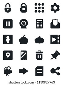 Set of vector isolated black icon - male vector, right arrow, mobile phone, document, pumpkin, heavy, video camera, paper pin, mail, pause button, menu, settings, place tag, lock, web, trash bin