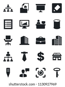 Set of vector isolated black icon - speaking man vector, office building, hierarchy, dollar sign, presentation board, manager place, plant label, store, oil barrel, notes, eye id, case, abacus, tie