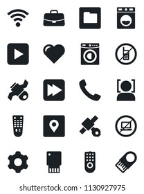 Set of vector isolated black icon - no mobile vector, laptop, case, heart, satellite, remote control, play button, fast forward, call, settings, folder, wireless, place tag, face id, washer