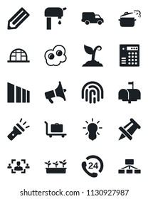 Set of vector isolated black icon - baggage trolley vector, drawing pin, pencil, sproute, seedling, greenhouse, 24 hours, car delivery, sorting, loudspeaker, torch, fingerprint id, hr, water supply