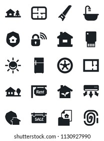Set of vector isolated black icon - saw vector, house, with tree, plan, estate document, sale, rent, bathroom, insurance, eco, fan, wireless lock, air conditioner, home protect, fridge, usb flash