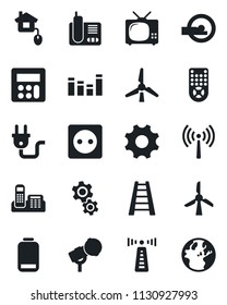 Set of vector isolated black icon - antenna vector, ladder, tomography, microphone, equalizer, remote control, radio phone, low battery, settings, calculator, office, windmill, tv, home, socket