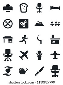 Set of vector isolated black icon - bed vector, baggage larry, desk, flower in pot, watering can, sickle, fireplace, run, heart hand, plane, cut, office chair, mountains, restaurant table, cafe