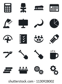 Set of vector isolated black icon - office chair vector, job, ripper, pruner, sickle, calendar, coffee, company, presentation board, pie graph, calculator, checklist, desk lamp, meeting, paper tray