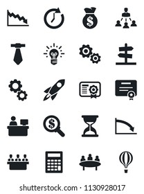 Set of vector isolated black icon - meeting vector, manager place, hierarchy, gear, rocket, money bag, clock, crisis, search, idea, calculator, certificate, tie, guidepost, sand, air balloon