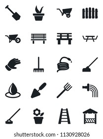 Set of vector isolated black icon - job vector, flower in pot, trowel, farm fork, fence, rake, ladder, seedling, wheelbarrow, watering, glove, water drop, hose, hoe, bench, picnic table, alcove