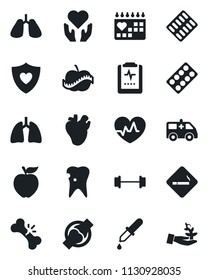 Set of vector isolated black icon - smoking place vector, heart pulse, dropper, pills blister, ambulance car, barbell, shield, hand, lungs, real, caries, joint, broken bone, medical calendar, diet
