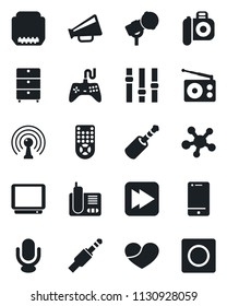 Set of vector isolated black icon - archive chest vector, camera, microphone, radio, antenna, loudspeaker, gamepad, settings, tv, remote control, cell phone, share, heart, fast forward, hdmi, record