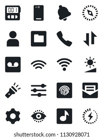 Set of vector isolated black icon - phone back vector, call, settings, tuning, user, stopwatch, bell, mail, record, folder, data exchange, wireless, torch, brightness, compass, eye id, fingerprint