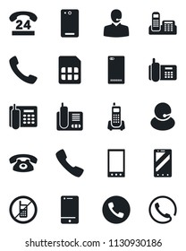 Set of vector isolated black icon - phone vector, no mobile, office, 24 hours, support, cell, radio, back, call, sim