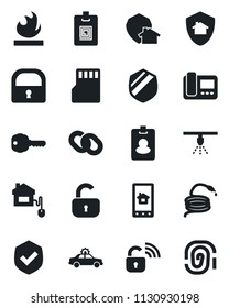 Set of vector isolated black icon - alarm car vector, hose, shield, flammable, chain, sd, lock, identity card, key, home control, wireless, intercome, app, protect, pass, sprinkler, fingerprint