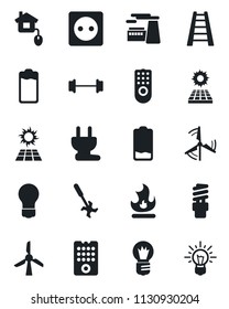 Set of vector isolated black icon - bulb vector, factory, ladder, fire, ripper, barbell, battery, low, sun panel, windmill, home control, socket, power plug, remote, energy saving, idea