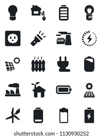 Set of vector isolated black icon - bulb vector, factory, battery, low, torch, charge, sun panel, heater, home control, eco house, socket, power plug, windmill
