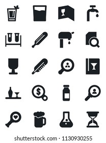 Set of vector isolated black icon - blood test vial vector, thermometer, heart diagnostic, ampoule, fragile, document search, water supply, client, alcohol, wine card, drink, phyto bar, beer, money