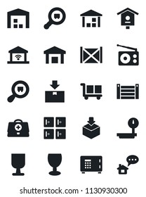 Set of vector isolated black icon - safe vector, checkroom, bird house, doctor case, container, fragile, cargo, warehouse, package, heavy scales, search, radio, garage gate control, home message