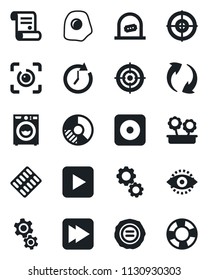 Set of vector isolated black icon - ticket office vector, circle chart, stamp, contract, pills blister, play button, fast forward, rec, update, eye id, target, washer, flower in pot, omelette, gear