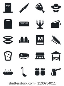 Set of vector isolated black icon - menu vector, reserved, plates, salt and pepper, bread, cafe building, candle, vip zone, dress code, alcove, credit card, steak, ham, ladle, rolling pin, knife